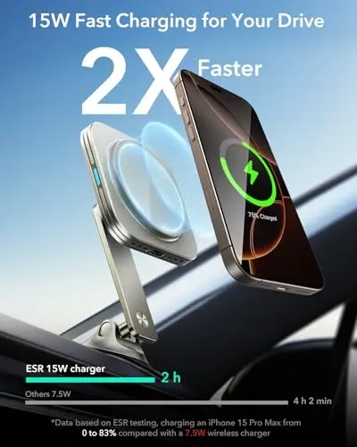 ESR for Qi2 15W MagSafe Car Mount Charger, Universal Dashboard/Tesla MagSafe Car Charger, Magnetic Wireless Charging, Adjustable Car Phone Holder for iPhone 17/16/15/14/13/12, S25, Pixel 10, Titanium - 4