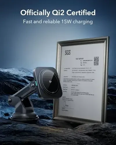 ESR for Qi2 15W MagSafe Car Mount Charger, for MagSafe Car Charger, Suction Cup Magnetic Wireless Car Charging, Dashboard Car Phone Mount for iPhone 17/16/15/14/13/12, S25, Pixel 10, Fast Charging - 1