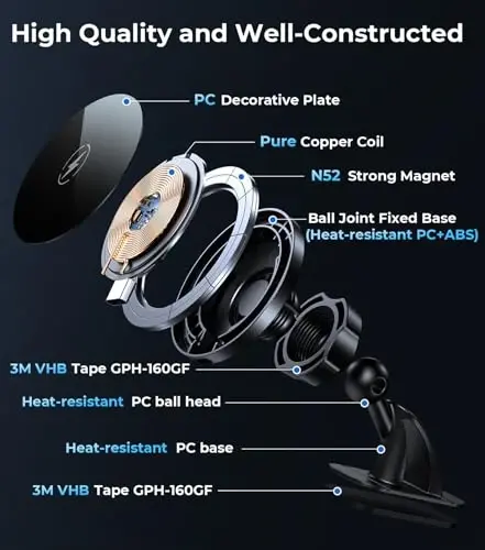 Car Mount for Qi2 MagSafe Wireless Charger, 2-in-1 Dashboard and Air Vent Mount, Strong Adhesive, Heat Resistant, 360° Rotation, Magnetic Phone Holder for Your Car Accessories for iPhone 16 Pro Max - 6