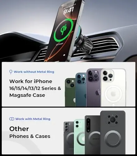 Car Mount for Qi2 MagSafe Wireless Charger, 2-in-1 Dashboard and Air Vent Mount, Strong Adhesive, Heat Resistant, 360° Rotation, Magnetic Phone Holder for Your Car Accessories for iPhone 16 Pro Max - 7