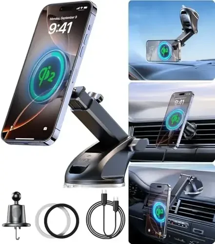 【Qi2 Certified・90LBS Vacuum Magnetic Suction】 15W Fast Wireless Car Charger Mount for Magsafe, 360° Adjustable Arm, Dashboard/Windshield/Vent Phone Holder+Cable Organaizer for iPhone 17/16/15 Pro Max - MODAZONE