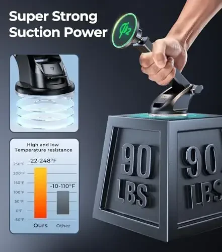 【Qi2 Certified・90LBS Vacuum Magnetic Suction】 15W Fast Wireless Car Charger Mount for Magsafe, 360° Adjustable Arm, Dashboard/Windshield/Vent Phone Holder+Cable Organaizer for iPhone 17/16/15 Pro Max - 5