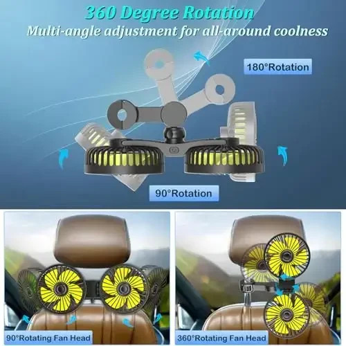 Qidoe Car Fan for Backseat, Dual Head USB Vehicle Seat Fans, 360° Rotatable Strong Wind Rear Headrest Fans 5V Powerful Electric Air Circulation Fan for Sedan SUV RV Truck (USB Plug) - 5