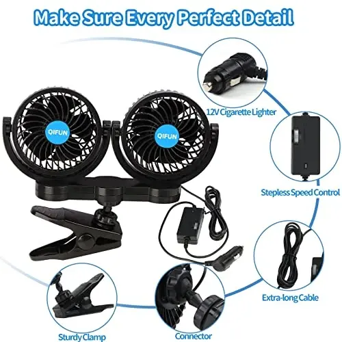 QIFUN Car Fan Adjustable Dual Head 12V 360° Rotatable 4 Inches Car Clip Fan for Front/Rear Seat Passenger Car Essentials Cooler with Stepless Speed Regulation for Vehicle SUV, RV - 3