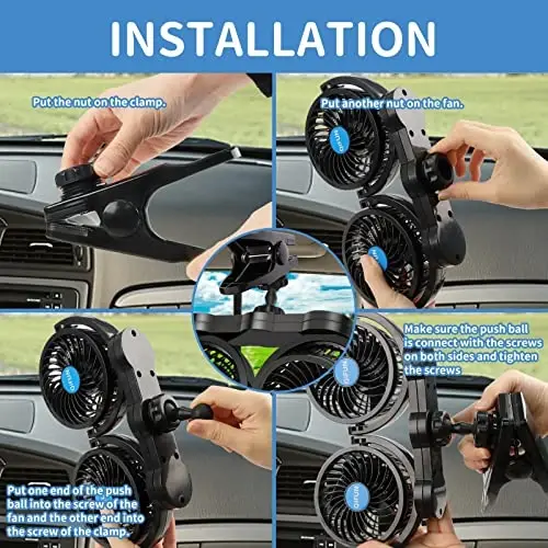 QIFUN Car Fan Adjustable Dual Head 12V 360° Rotatable 4 Inches Car Clip Fan for Front/Rear Seat Passenger Car Essentials Cooler with Stepless Speed Regulation for Vehicle SUV, RV - 5