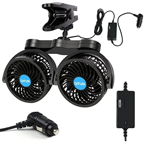 QIFUN Avtomobil foniy, sozlanishi mumkin bo'lgan qo'shaloq başlı 12V 360° aylanadigan 4 dyuymli avtomobil qisqichli foniy old/orqa o'rindiqli yo'lovchi avtomobillari uchun zarur narsalar SUV, RV uchun bosqichsiz tezlikni sozlash bilan salqinroq - QIFUN