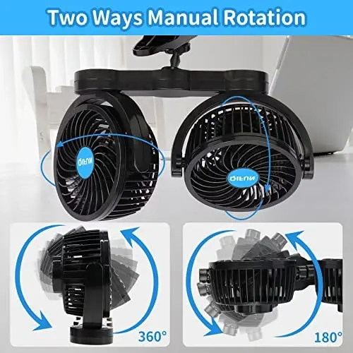QIFUN Avtomobil foniy, sozlanishi mumkin bo'lgan qo'shaloq başlı 12V 360° aylanadigan 4 dyuymli avtomobil qisqichli foniy old/orqa o'rindiqli yo'lovchi avtomobillari uchun zarur narsalar SUV, RV uchun bosqichsiz tezlikni sozlash bilan salqinroq - 4
