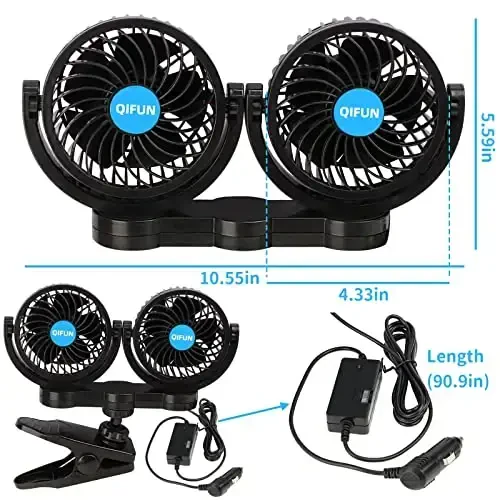 QIFUN Car Fan Adjustable Dual Head 12V 360° Rotatable 4 Inches Car Clip Fan for Front/Rear Seat Passenger Car Essentials Cooler with Stepless Speed Regulation for Vehicle SUV, RV - 6