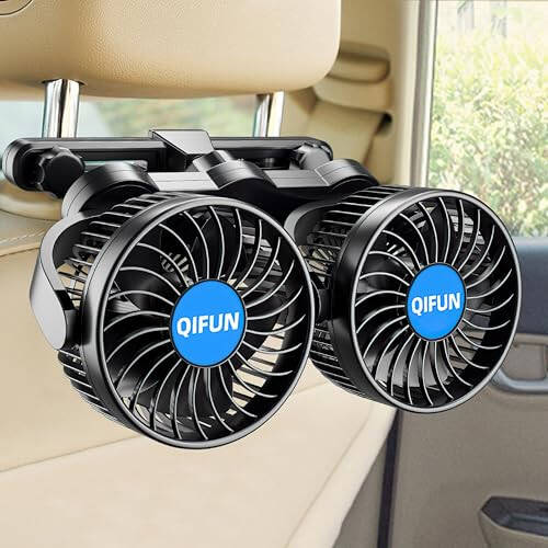 QIFUN Car Fan, Cool Gadgets 12v Fan for Rear Seat Passenger Portable 4'' Headrest 360° Rotatable Backseat Cooling Air with Stepless Speed Regulation Vehicles, SUV, RV, Boat - 1