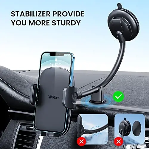 Qifutan Cell Phone Holder for Car Phone Mount Long Arm Dashboard Windshield Car Phone Holder Anti-Shake Stabilizer Phone Car Holder Compatible with All Phone Android Smartphone, Black - 2