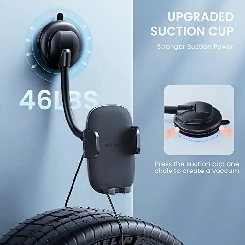 Qifutan Cell Phone Holder for Car Phone Mount Long Arm Dashboard Windshield Car Phone Holder Anti-Shake Stabilizer Phone Car Holder Compatible with All Phone Android Smartphone, Black - 3