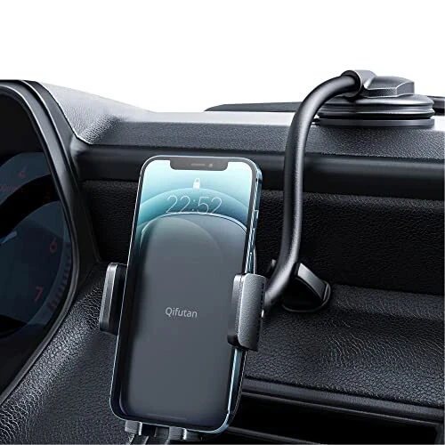 Qifutan Cell Phone Holder for Car Phone Mount Long Arm Dashboard Windshield Car Phone Holder Anti-Shake Stabilizer Phone Car Holder Compatible with All Phone Android Smartphone, Black - Qifutan