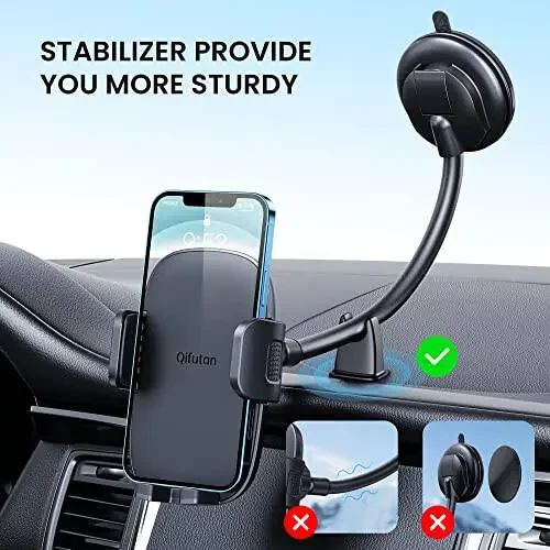 Qifutan Cell Phone Holder for Car Phone Mount Long Arm Dashboard Windshield Car Phone Holder Anti-Shake Stabilizer Phone Car Holder Compatible with All Phone Android Smartphone, Black - 2