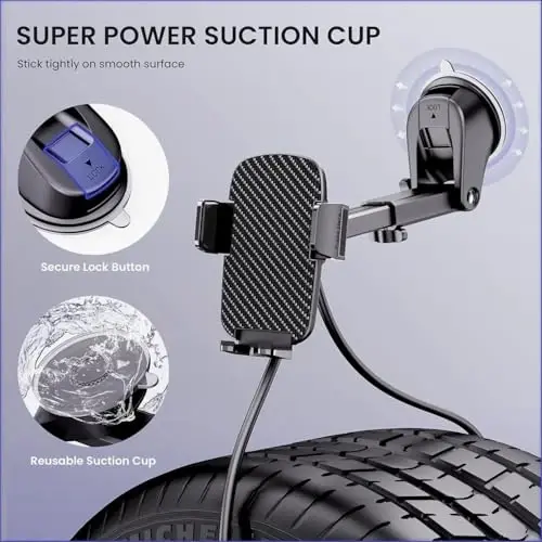 Qifutan Military-Grade Car Phone Holder - [Ultra Strong Suction] 3-in-1 Phone Mount for Dashboard, Windshield & Air Vent, Super Stable Universal Car Accessories for iPhone & All Smartphones - 3