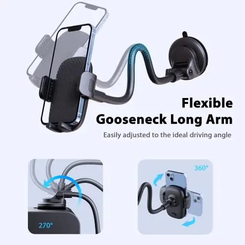 Qifutan Telefon Uskunasi - 14 dyuymli uzun tutqichli oynaga o'rnatiladigan avtomobil telefon uskunasi iPhone Android smartfonlari uchun silkinishga qarshi stabilizator - 6