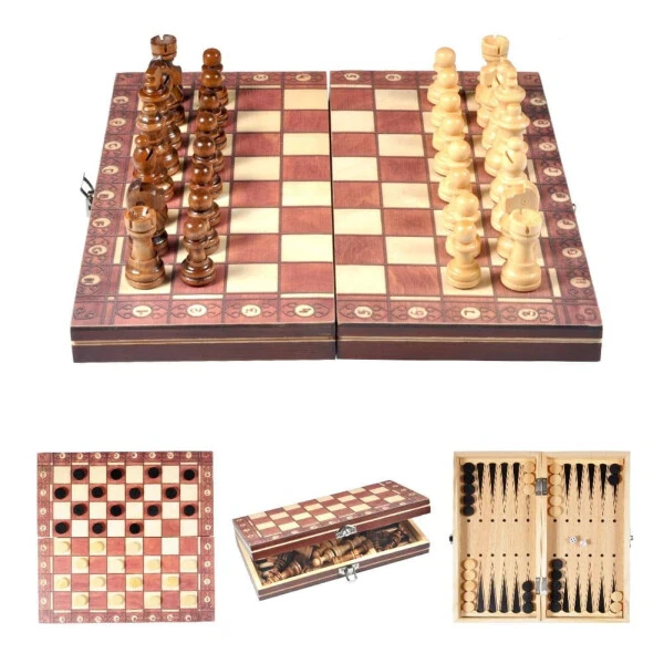Qiilu 3 In 1 Magnetic Wooden International Chess Set with Folding Chessboard Game Gift,International Chess Set - QIILU