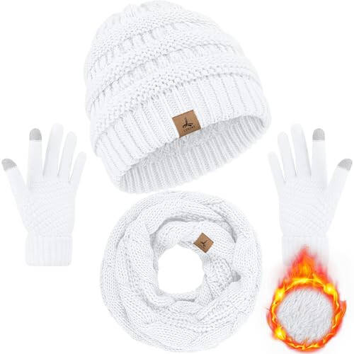 Qishki Beanie Shlyapa Sharf Qo'lqoplar, Issiq Fleece Triko Qishki Shlyapalar Sensorli Ekran Qo'lqoplari Bo'yin Sharfi To'plami Qishki Sovg'alar Unisex Kattalar Oq - 1