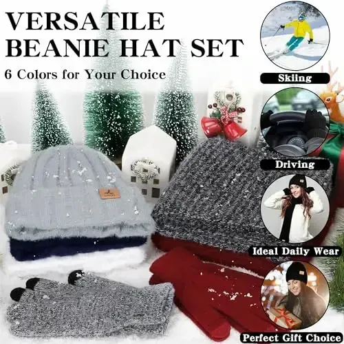 Qishki Beanie shlyapa sharf qo'lqoplari, issiq Fleece trikotaj shlyapa uzun sharf bo'yin isitgichi sensorli ekranli qishki qo'lqoplar ayollar uchun sovg'alar to'plami - 5