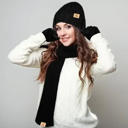 Qishki Beanie shlyapa sharf qo'lqoplari, issiq Fleece trikotaj shlyapa uzun sharf bo'yin isitgichi sensorli ekranli qishki qo'lqoplar ayollar uchun sovg'alar to'plami - 6