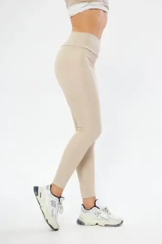 Qishki bel qismi baland, shaklga keltiruvchi va taranglashtiruvchi, likrali, ichi tukli leggins - bej - BÜYÜKBEDENIZ (1)