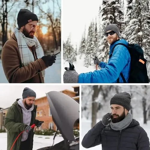 Qishki iliq shapka sensorli ekranli qo'lqoplar to'plami, erkaklar va ayollar uchun iliq trikotaj jun astarli yumshoq bosh suyagi shapka qo'lqoplar to'plami - 5