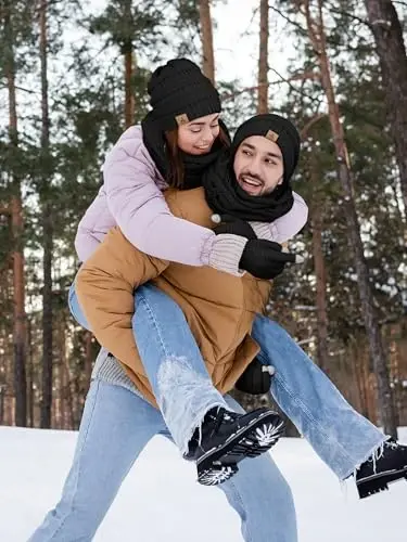 Qishki junli triko bo'lmagan shlyapa, sharf va sensorli qo'lqoplar to'plami - Erkaklar va ayollar uchun qishki sovg'alar - 5