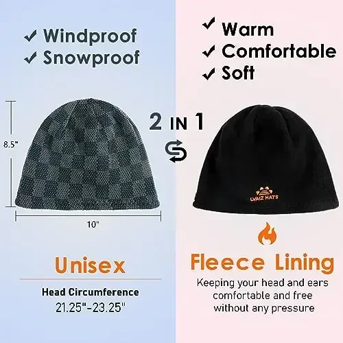 Qishki shapka erkaklar ayollar uchun Fleece bilan qoplangan Qalin issiq katakli trikotaj Bosh suyagi shapkasi Qaytariladigan tashqi shamoldan himoyalovchi chang'i soati shapkasi - 5