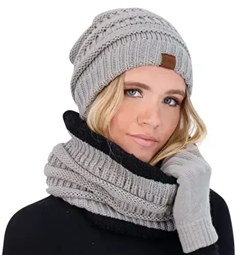 Qishki shapka, jun bilan qoplangan bo'yin o'ragich, sharf va qo'lqoplar to'plami, ayollar uchun trikotaj shapka, qishki qo'lqoplar va sharflar sovuq ob-havo uchun 