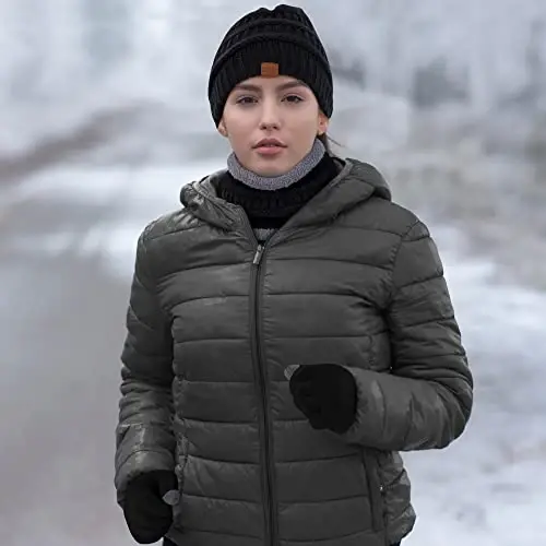 Qishki shapka, jun bilan qoplangan bo'yin o'ragich, sharf va qo'lqoplar to'plami ayollar uchun. Trikotaj shapka, qishki qo'lqoplar va sovuq ob-havo uchun sharflar - 4