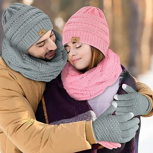 Qishki shapka sharf qo'lqoplar, iliq fleece trikotaj shapkalar sensorli ekranli qo'lqoplar bo'yin sharf to'plami Unisex kattalar uchun qishki sovg'alar - 6
