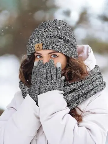 Qishki shapka, sharf, qo'lqoplar, iliq flis trikotaj shapkalar sensorli ekranli qo'lqoplar bo'yin sharf to'plami Unisex kattalar uchun qishki sovg'alar - 6