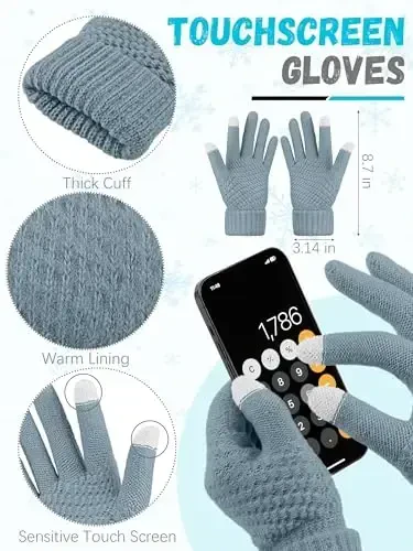 Qishki shapka sharf qo'lqoplar, iliq jun trikotaj shapkalar sensorli ekranli qo'lqoplar bo'yin sharf to'plami unisex kattalar uchun qishki sovg'alar - 3