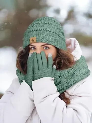 Qishki shapka sharf qo'lqoplar, iliq jun trikotaj shapkalar Sensorli ekranli qo'lqoplar bo'yin sharf to'plami Unisex kattalar uchun qishki sovg'alar - 6