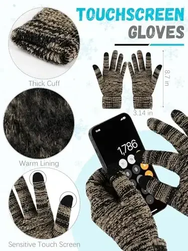 Qishki shapka, sharf, qo'lqoplar, iliq jun trikotaj shapkalar, sensorli ekranli qo'lqoplar, bo'yin sharfi to'plami, unisex kattalar uchun qishki sovg'alar - 3