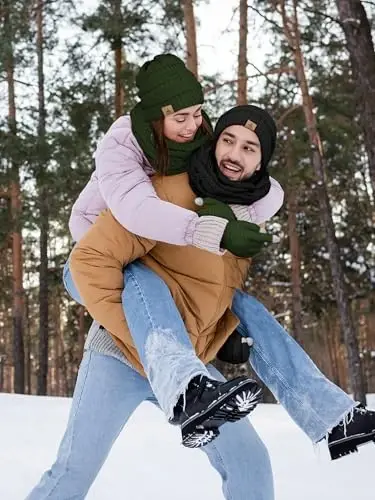 Qishki shapka sharf qo'lqoplar, iliq junli trikotaj shapkalar sensorli ekranli qo'lqoplar bo'yin sharfi to'plami unisex kattalar uchun qishki sovg'alar - 5