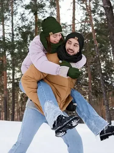 Qishki shapka sharf qo'lqoplar, iliq junli trikotaj shapkalar sensorli ekranli qo'lqoplar bo'yin sharfi to'plami unisex kattalar uchun qishki sovg'alar - 5