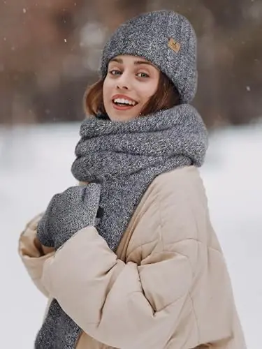 Qishki shapka sharf qo'lqoplar, issiq jun trikotaj shapka uzun sharf bo'yin isitgich sensorli ekran qishki qo'lqoplar ayollar uchun sovg'alar to'plami - 6