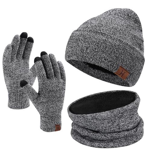 Qishki shapka, sharf, sensorli ekranli qo'lqoplar erkaklar va ayollar uchun to'plami, iliq trikotaj fleece astarli shapka, qo'lqoplar, bo'yin isitgich to'plami 