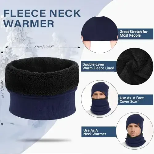 Qishki shapka, sharf, sensorli ekranli qo'lqoplar erkaklar va ayollar uchun to'plami, issiq trikotaj fleece astarli shapka, qo'lqoplar, bo'yin isitgich to'plami - 3