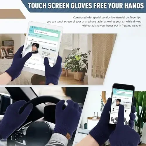Qishki shapka, sharf, sensorli ekranli qo'lqoplar erkaklar va ayollar uchun to'plami, issiq trikotaj fleece astarli shapka, qo'lqoplar, bo'yin isitgich to'plami - 4