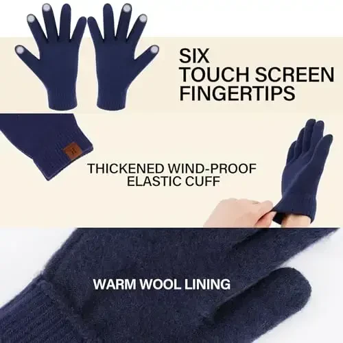 Qishki shapka, sharf, sensorli ekranli qo'lqoplar erkaklar va ayollar uchun to'plami, issiq trikotaj fleece astarli shapka, qo'lqoplar, bo'yin isitgich to'plami - 5