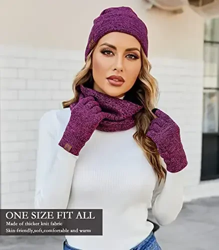 Qishki shapka, sharf, sensorli ekranli qo'lqoplar to'plami erkaklar va ayollar uchun, issiq trikotaj fleece astarli shapka, qo'lqoplar, bo'yin isitgich to'plami - 6