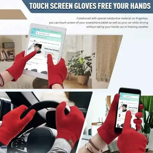 Qishki shapka, sharf, sensorli ekranli qo'lqoplar to'plami erkaklar va ayollar uchun, issiq trikotaj jun bilan qoplangan shapka, qo'lqoplar, bo'yin o'rgich to'plami - 4