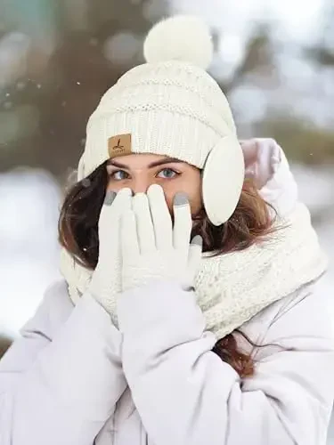 Qishki shlyapa, sharf, qo'lqop va quloq isitgich, issiq trikotaj shapka, sensorli ekranli qo'lqoplar to'plami, qishki sovg'alar, ayollar uchun bo'yin sharflari - 6