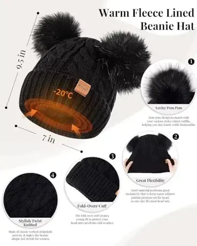 Qishki shlyapa sharf qo'lqoplar to'plami ayollar uchun, jun bilan qoplangan, ikkita ponponli shapka, sovuq ob-havo uchun sensorli ekranli qo'lqoplar to'qilgan sharf - Modazone (1)