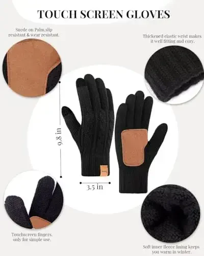 Qishki shlyapa sharf qo'lqoplar to'plami ayollar uchun, jun bilan qoplangan, ikkita ponponli shapka, sovuq ob-havo uchun sensorli ekranli qo'lqoplar to'qilgan sharf - 4