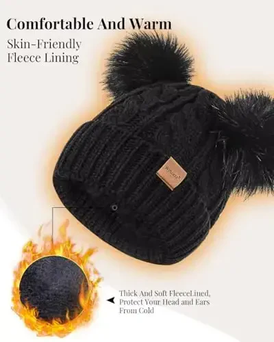 Qishki shlyapa sharf qo'lqoplar to'plami ayollar uchun, jun bilan qoplangan, ikkita ponponli shapka, sovuq ob-havo uchun sensorli ekranli qo'lqoplar to'qilgan sharf - 7