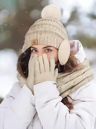 Qishki shlyapa, sharf, qo'lqoplar va quloqchini, iliq trikotaj shapka, sensorli ekranli qo'lqoplar to'plami, qishki sovg'alar, ayollar uchun bo'yin sharflari - 6