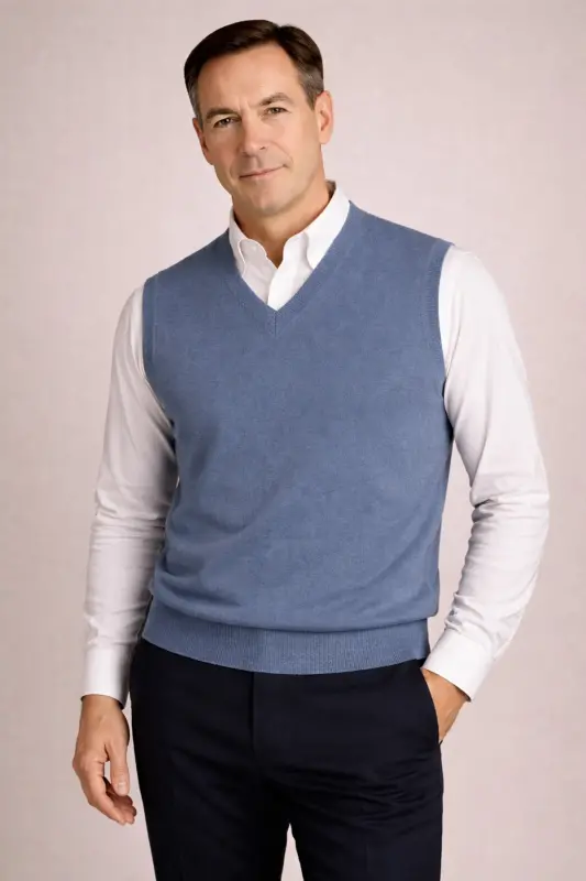 Qishki V bo'yinli oddiy ingichka junli ko'k rangli ota-ona ko'ylagi - 3