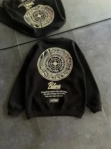 Qishki Velosiped Yoqali Old va Orqa Bosmali Sweatshirt - Qora - BÜYÜKBEDENIZ (1)
